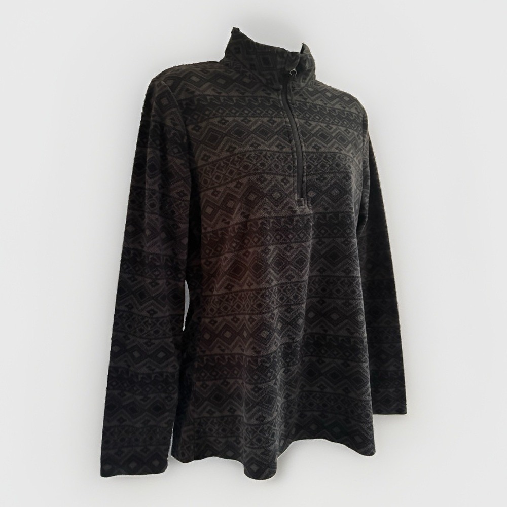 Eddie Bauer Geometric Print Fleece Pullover Quarter Zip Mock Neck M Black Gray
